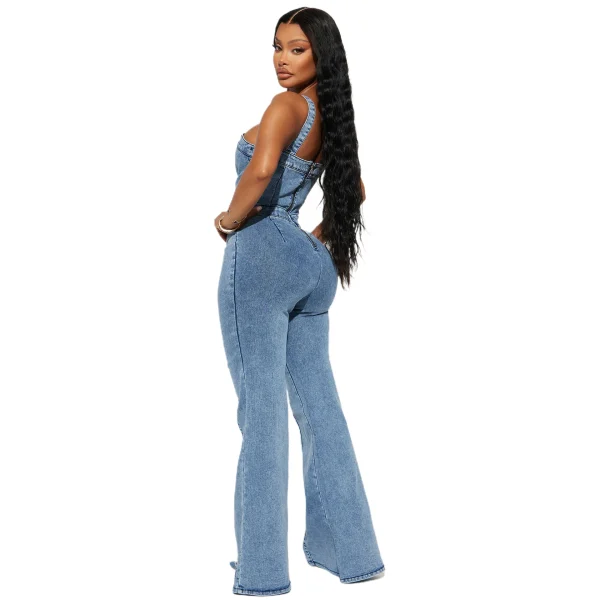 Women Jeans Rompers Sexy Overalls Jumpsuits Square Collar One Piece Solid Flare Pants Ankle Length Baics Spliced Button - Image 3