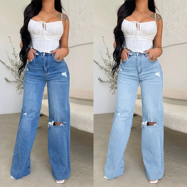 2025 Fall New Women's High Waist Ripped Jeans Fashion Loose Denim Wide Leg Pants Casual Female Trousers S-2XL Drop Shipping