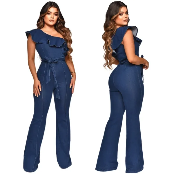 Spliced Ruffles Vintage Jeans Overalls Washed Full Length Jean Wide Leg Denim Pants Distressed Solid 2025 Casual Skew Collar