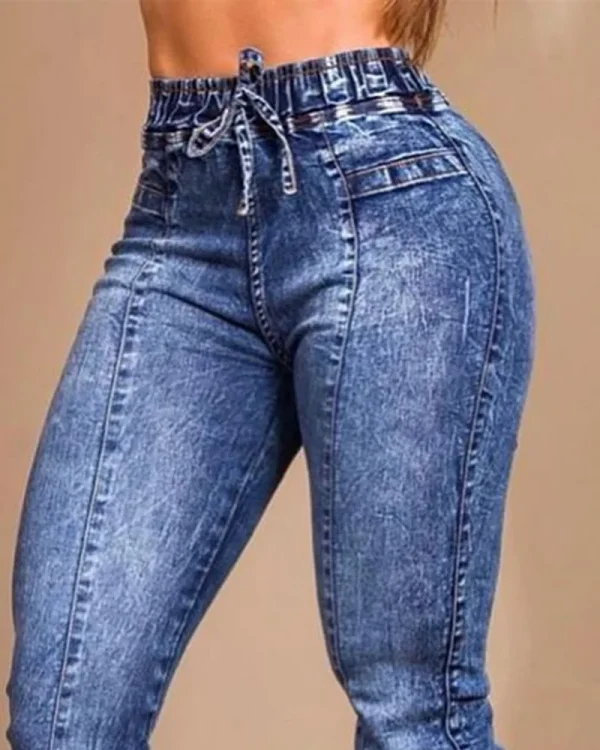 Women Jeans Elastic Waist Solid Color Pencil Pants Pockets Streetwear Casual Slim Fit High Street Flat Zipper 2025 Autumn - Image 3