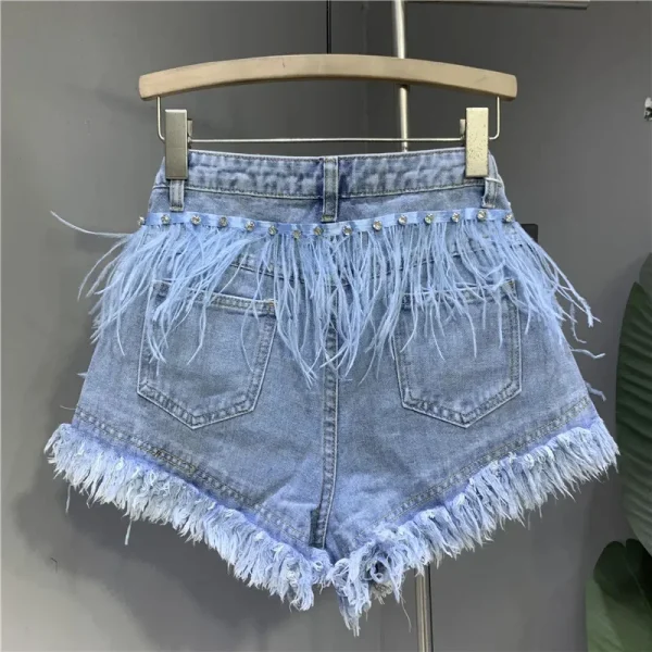 2025 Summer New Personalized Tassel Inlaid Diamond Wash Light Blue Denim Shorts Women's Streetwear Fashion Short Hot Pants - Image 4