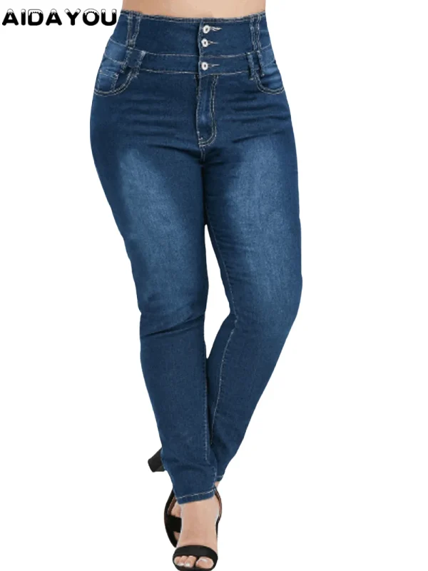 Plus Size Jeans For Women High Wasited Denim Pants for Big Curve Style Button Front Waist Taper Leg ouc078