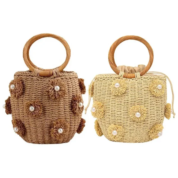 Women Straw Tote Handbag with Pearls Handmade Woven Bag Drawstring Wrist Purse Summer Holiday Beach Bag - Image 2