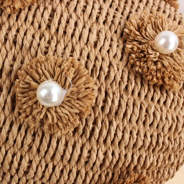 Women Straw Tote Handbag with Pearls Handmade Woven Bag Drawstring Wrist Purse Summer Holiday Beach Bag - Image 5