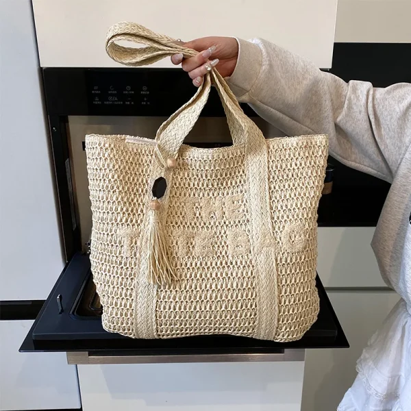 French style large capacity woven straw woven bag for women, new beach vacation shoulder bag, casual commuting tote bag - Image 4