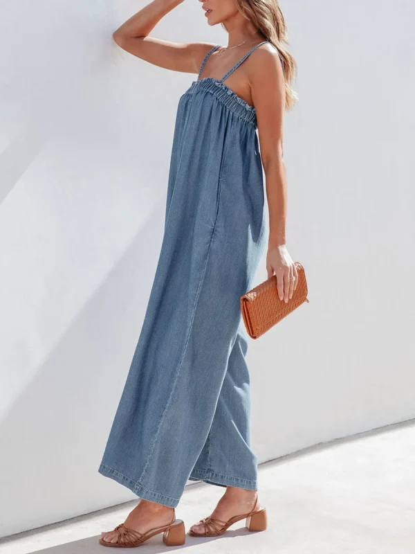 Women Casual Blue Denim One Pieces Jumpsuit Summer Loose Wide Leg Pants Bib Overalls Fashion Pocket Sleeveless Strap Overalls - Image 5