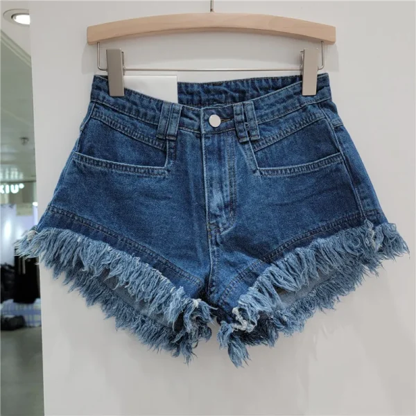 Orange Denim Shorts Women Green Hot Pants 2025 Summer Woman's Clothing All-Match Ins Fashion Wide-Leg Ripped Tassel Shorts - Image 6