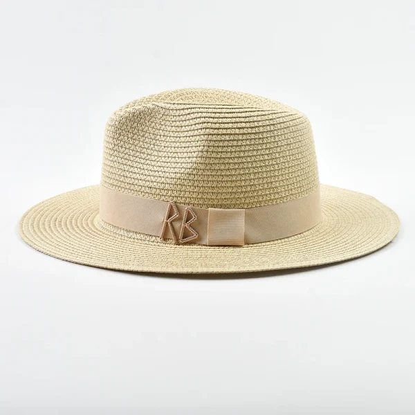 Fashionable Metal RB Letter Straw Hats for Women Men Summer Outdoor Holidays Beach Sun Hat Panama Hat - Image 3