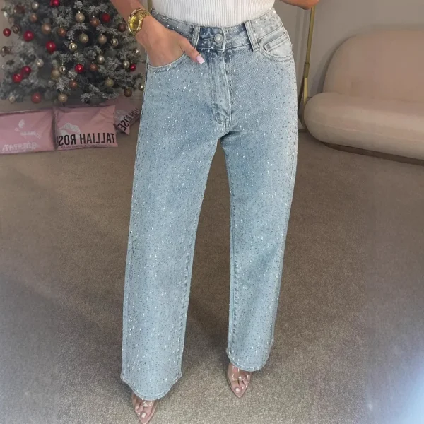 Jeans for Women Straight Diamonds Pants Stretch High Waist Washed Mom Jeans Vintage Denims Streetwear Y2k Streetwear Trousers - Image 2
