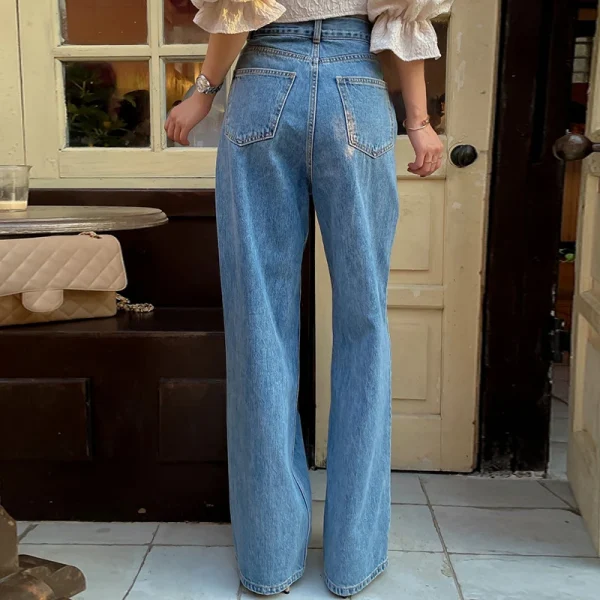 Vintage Irregular Slant Button Wide-leg Jeans Woman Elegant High Waist Solid Straight Versatile Long Pants Ins Tide New - Image 5