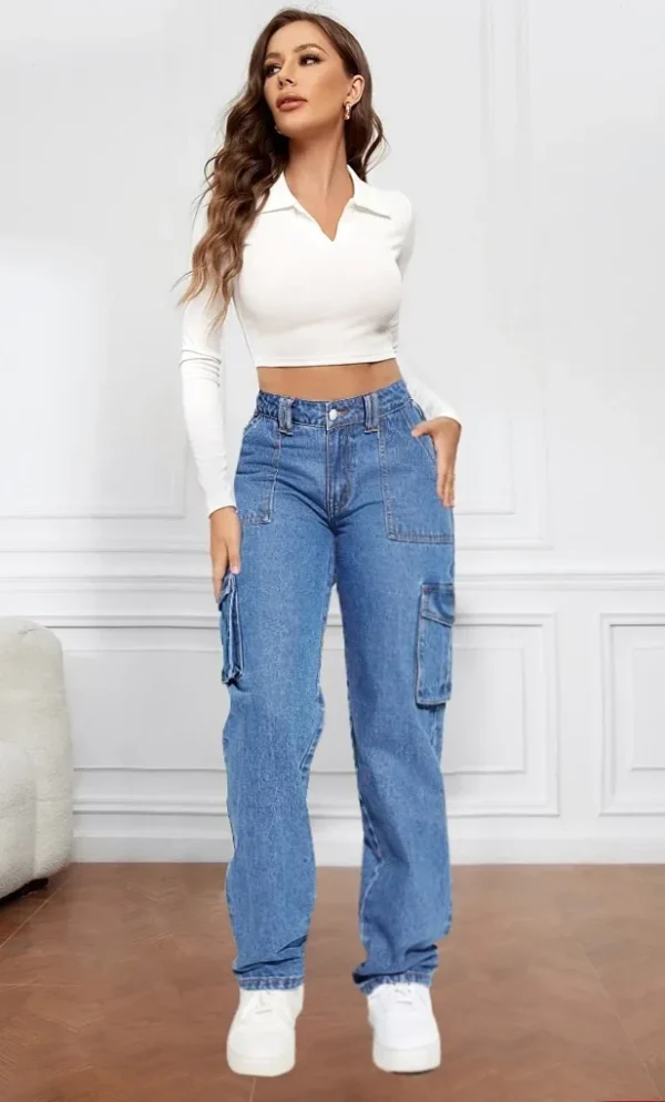 American Retro Mid-waist Multi-pocket Cargo Pants Jeans, Women's Casual Loose Straight Long Pants, Patchwork Jeans,Spring Autumn - Image 5