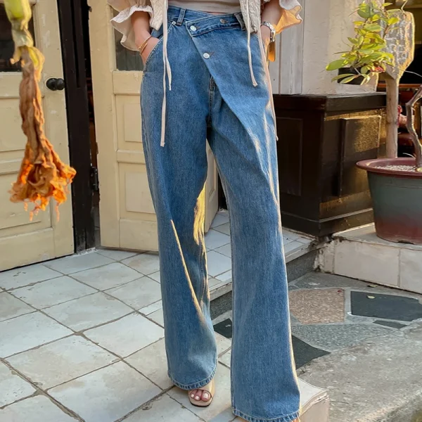 Vintage Irregular Slant Button Wide-leg Jeans Woman Elegant High Waist Solid Straight Versatile Long Pants Ins Tide New