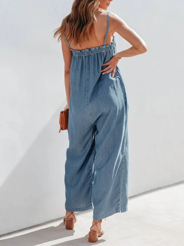 Women Casual Blue Denim One Pieces Jumpsuit Summer Loose Wide Leg Pants Bib Overalls Fashion Pocket Sleeveless Strap Overalls - Image 2