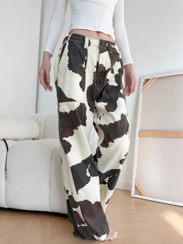 2025 Ropa Y2K Fashion Cow Pattern Baggy New Jeans Pants For Women Designer Clothes Straight Cotton Korean Casual Lady Trousers