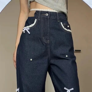 Women's Deep Blue Bow Jeans Y2K Korean Edition Harajuku High Street Oversize 90s Aesthetic Wide Leg Retro Pants Jeans Clothing