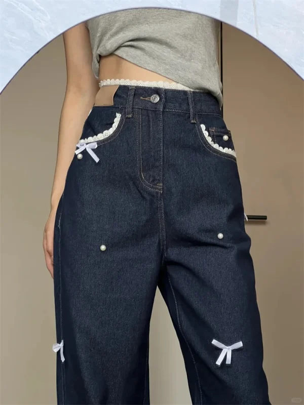 Women's Deep Blue Bow Jeans Y2K Korean Edition Harajuku High Street Oversize 90s Aesthetic Wide Leg Retro Pants Jeans Clothing