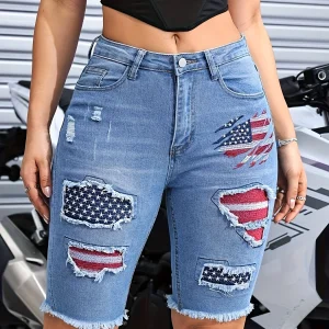 2025 Women's Patriotic Embroidered Jeans Tear Patch Retro Piercing Bottom Edge Detail American Flag Street Wear Shorts