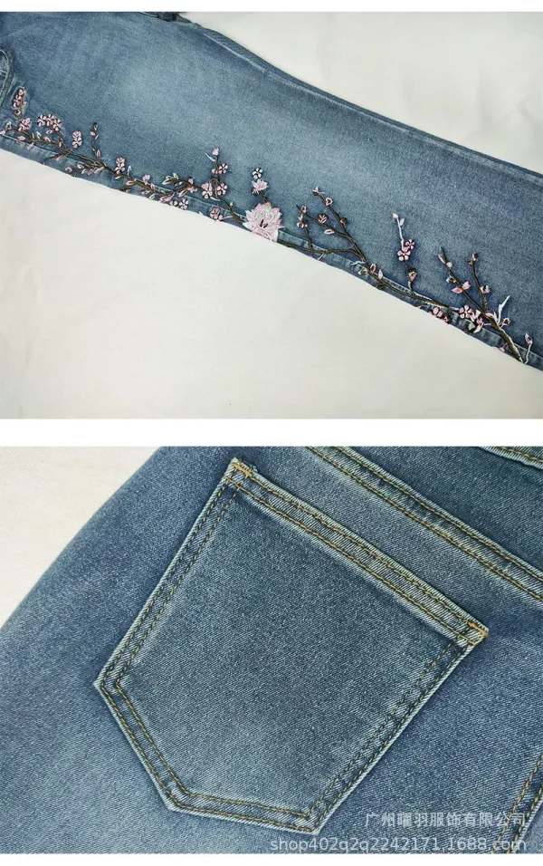 New Women's Retro High Waist Jeans Elastic Slim Fit Embroidery Flare Pants Full Length Denim Pants Jeans - Image 5