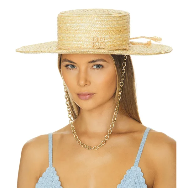 2025 New European American Fashion Design Natural Straw Hat Female Handmade Letter Sun Hat Metal Chain Sunshade Designer Hat - Image 2