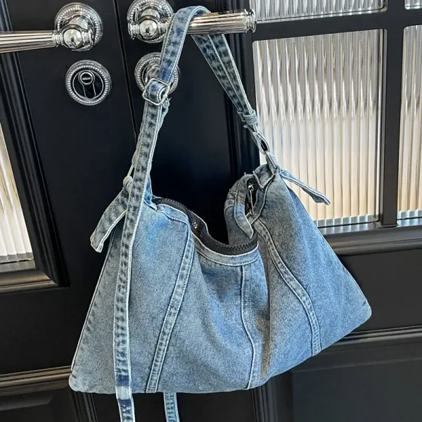 Denim Shoulder Bags for Women Soft Hobos Handbag with Zipper Female Foldable Crossbody Purse Female Travel Bag in Blue Black - Image 2
