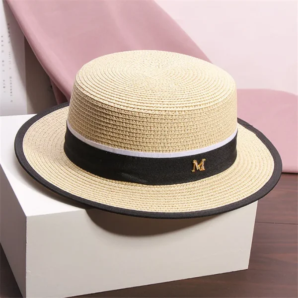 Outdoor sun hats M letter ribbon flat straw hat Summer adult women's casual beach sun protection cap Visor hat - Image 2