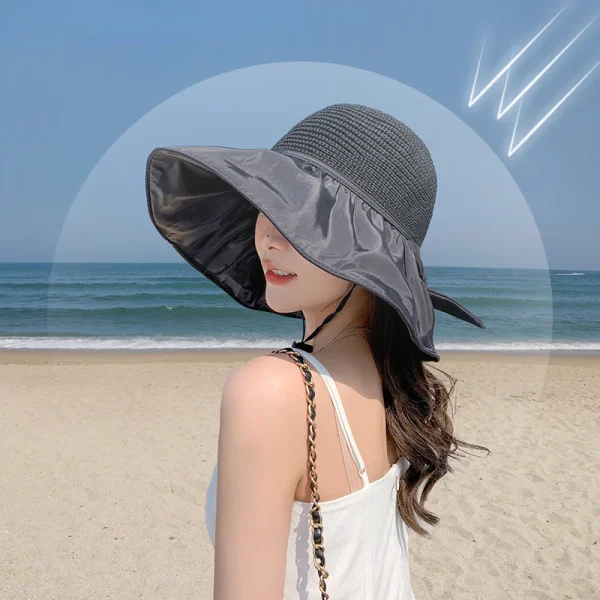 Summer Sun hat women's straw woven anti ultraviolet sun visor hat with big brim seaside black glue breathable Bucket hat sun hat - Image 2