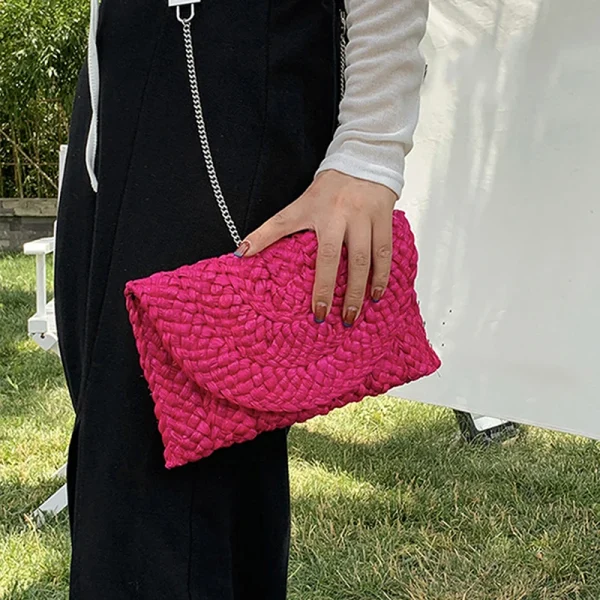Women Fashion Flap Envelope Bags Summer Beach Bag Handmade Wallet Straw Knitted Handbag Lady Coin Phone Long Purse Clutches - Image 2