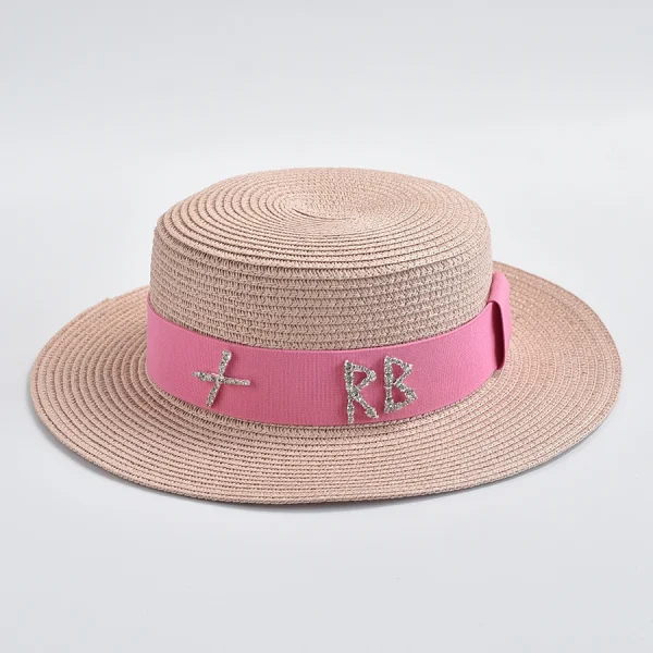 New Straw Hats for Women Fashionable Metal RB Letter Elegant Holidays Boater Hat Summer Flat Top Beach Sun Hat - Image 3