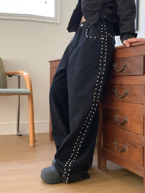 Y2k Fashion Woman's Metal Rivet Pockets Jeans Trousers Baggy Low Rise Wide Leg Denim Dragging High Street Stylish Chic Pants - Image 4