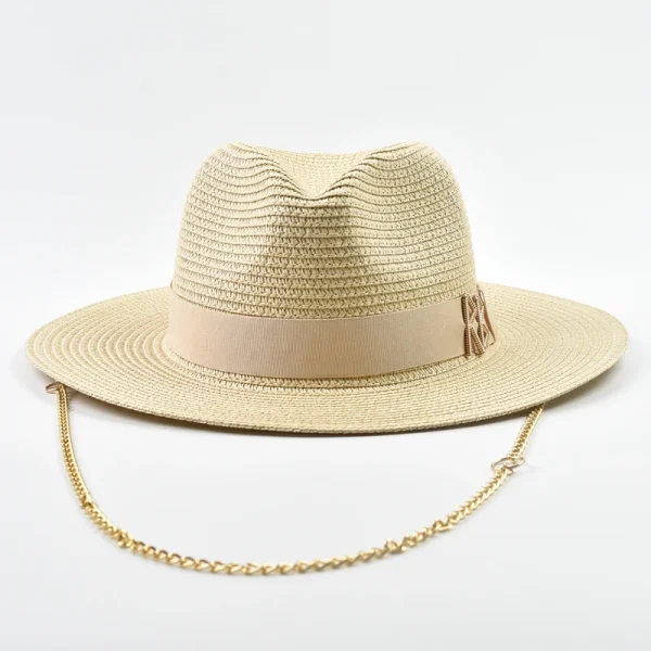 Fashionable Metal RB Letter Straw Hats for Women Men Summer Outdoor Holidays Beach Sun Hat Panama Hat - Image 2