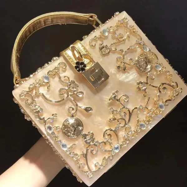 High-Grade crystal Evening Bag Female New Hollow Out Metal Carved Flower Diamond Handbag Box Fashion Chic Shoulder Crossbody Bag - Image 3