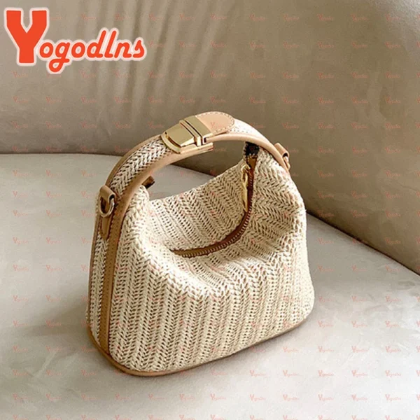Yogodlns Summer Small Straw Handbag Trendy Shoulder Bag Woven Bucket Crossbody Bag Casual Seaside Beach Bag Gilrs Handle Tote - Image 6