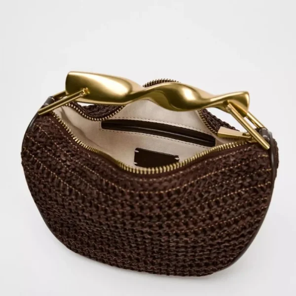 Summer Rattan Woven Crossbody Shoulder Bag,Half-Moon Beach Straw Tote Bag,Women Designer Purse,Casual Metal Handle Straw Handbag - Image 3