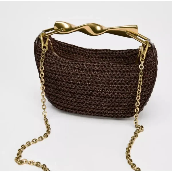 Summer Rattan Woven Crossbody Shoulder Bag,Half-Moon Beach Straw Tote Bag,Women Designer Purse,Casual Metal Handle Straw Handbag - Image 2