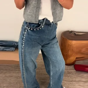 Chic Metal Rivet Women Denim Pants High Waist Straight Baggy Wide Leg Jeans Trousers Dragging Elegant Street Wear Casual Pant