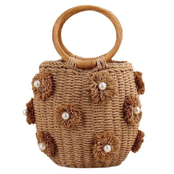 Women Straw Tote Handbag with Pearls Handmade Woven Bag Drawstring Wrist Purse Summer Holiday Beach Bag - Image 4