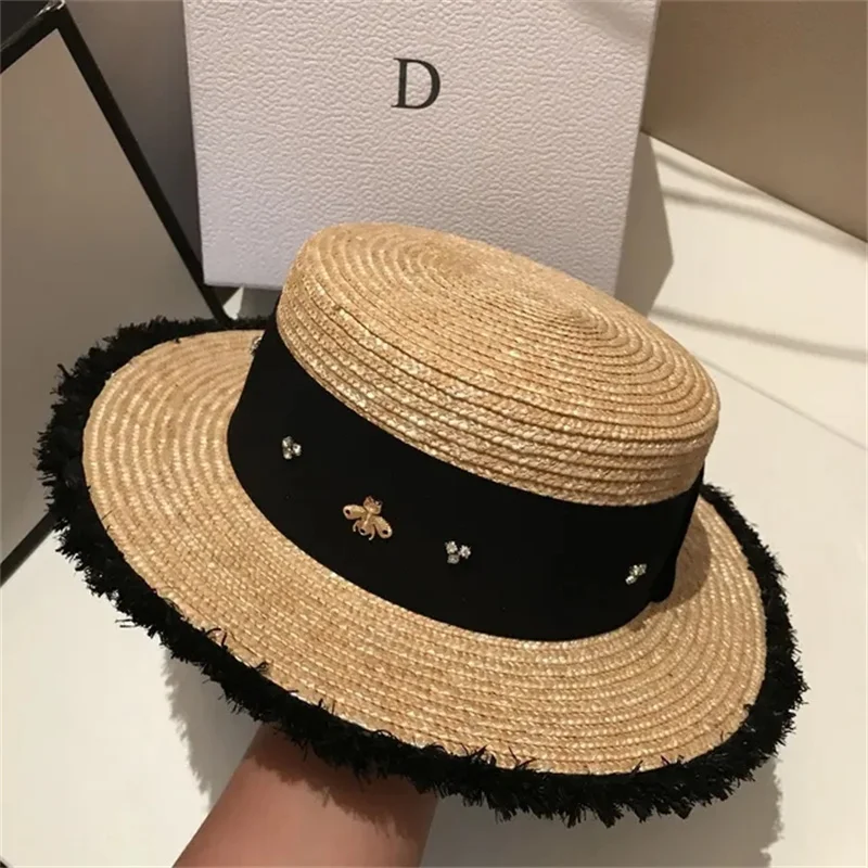 Summer Straw Hat 2025 New Flat Top French Straw Hat Elegant Women's Outdoor Vacation Sun Hat Summer Hat 모자 gorras beach