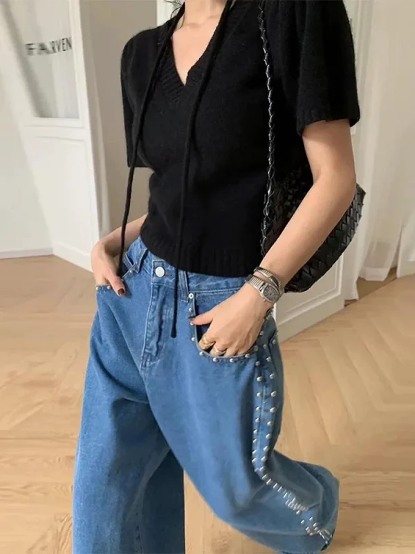 Y2k Fashion Woman's Metal Rivet Pockets Jeans Trousers Baggy Low Rise Wide Leg Denim Dragging High Street Stylish Chic Pants - Image 3