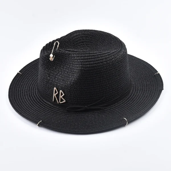 Fashionable Metal RB Letter Straw Hats for Women Men Summer Panaman Jazz Hat Outdoor Holidays Beach Sun Hat - Image 3