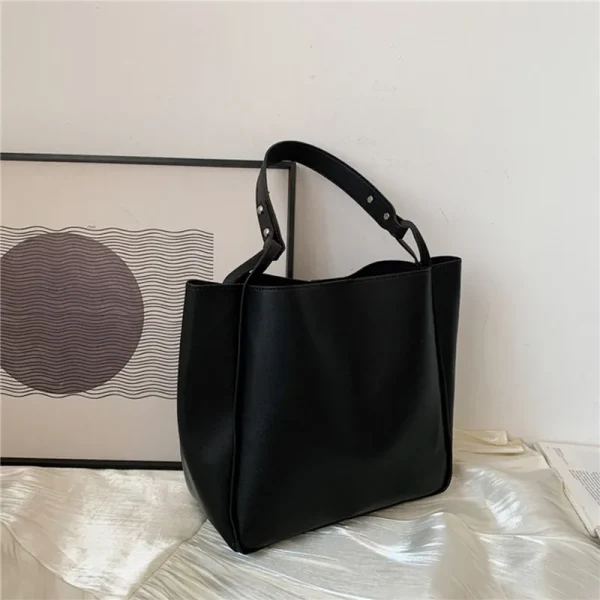 Simple Women Bucket Shoulder Bags New Solid Color Handbags Retro Large Capacity Tote Bags Large Capacity Pu Leather Bags 2025 - Image 2