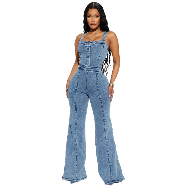 Women Jeans Rompers Sexy Overalls Jumpsuits Square Collar One Piece Solid Flare Pants Ankle Length Baics Spliced Button - Image 2