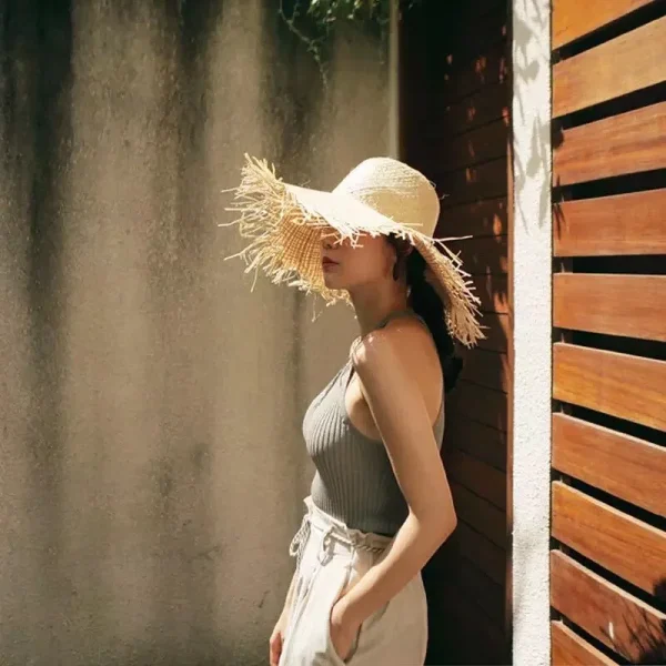 New Band Handmade Women Straw Sun Hats Large Wide Brim Gilrs High Quality Natural Raffia Panama Beach Straw Sun Caps For Holiday - Image 2