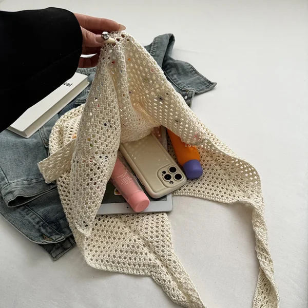 Women Boho Crochet Bag with Colored Beads Aesthetic Knit Bag Large Capacity Knitted Tote Handbag Ladies Daily Handbag - Image 3