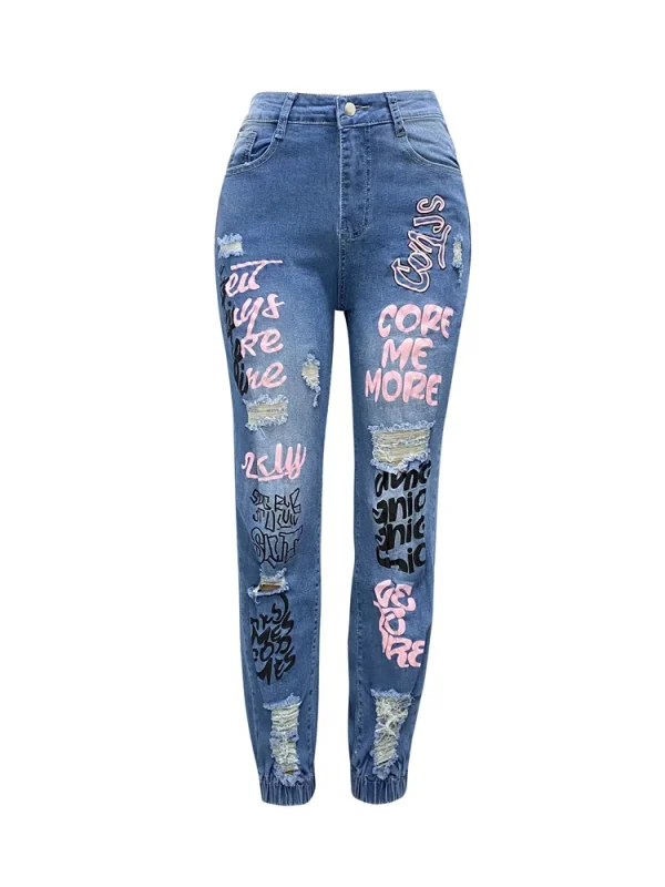 Benuynffy Streetwear Hip Hop Letter Print Ripped Jeans Women Fashion Y2K Harajuku Mid Waisted Casual Pencil Pants Spring New - Image 4