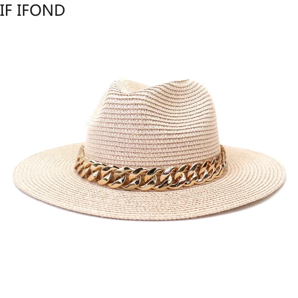 Fashion Gold Chain Belt Panama Straw Hats For Women Summer Breathable Beach Sun Hats Elegant Ladies Party Jazz Hat - Image 5