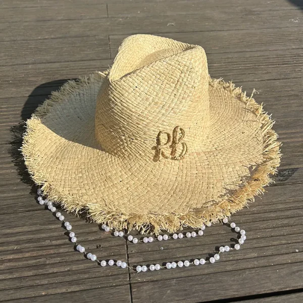 2025 Summer Raffia Straw Hat Beach Women's Seaside Panama Sun Hat Vacation Chain Pearl Flat Top Big Brim Straw Hat Handmade Caps