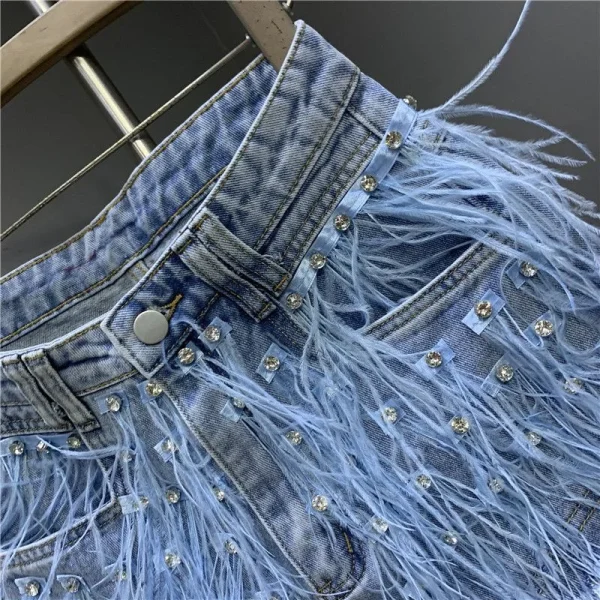 2025 Summer New Personalized Tassel Inlaid Diamond Wash Light Blue Denim Shorts Women's Streetwear Fashion Short Hot Pants - Image 2