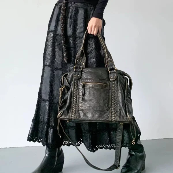 Y2K Spicy Girl One Shoulder Crossbody Bag Vintage Washed Leather Motorcycle Bag Large Capacity Bag - Image 2