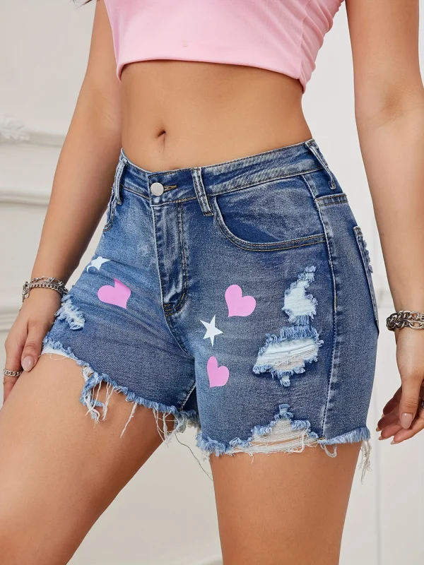 2025 Women's Heart Print Ripped Denim Shorts Distressed Hem Vintage High Waist Summer Casual Streetwear Hot Selling - Image 2