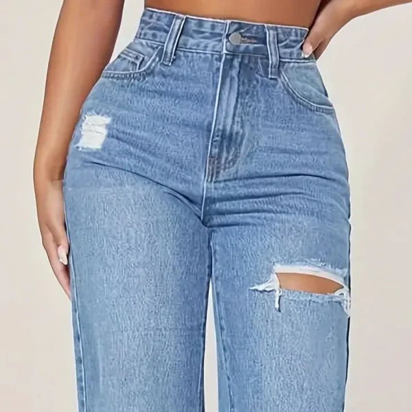 Y2K style women's ripped blue straight jeans - high waist stretch jeans, suitable for casual outings and play wear - Image 5